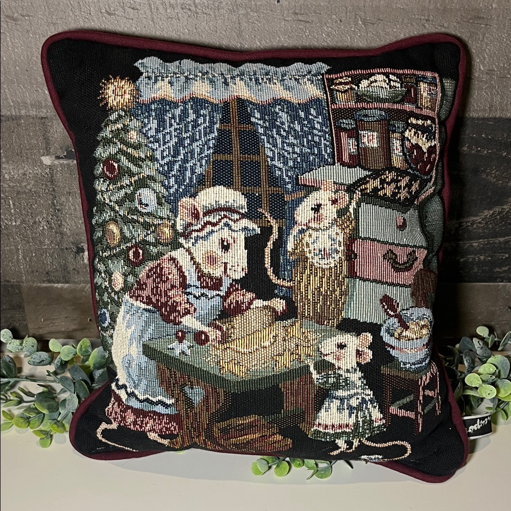 Vintage Newport Christmas mice tapestry pillow